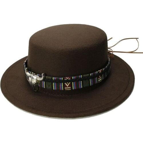 LUCKYLIANJI Retro Women Men Vintage 100% Wool Wide Brim Cap Pork Pie Porkpie Bowler Hat Cow Head Leather Band(54cm/Adjusted)