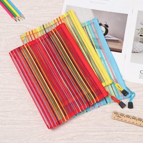 Fashion Rainbow Color Grid Zipper Pencil Case Solid Color Mesh Pen Bag Cosmetic Storage Makeup Handbags Coin Purse Stationery