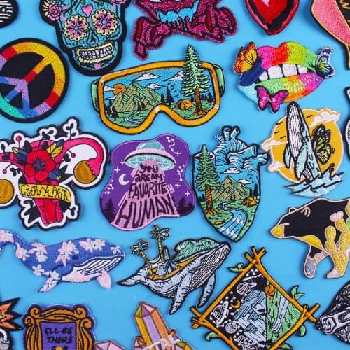 DIY UFO Patch Outdoor Mountain Iron On Embroidered Patches For Clothing Adventure Iron On Patches Whale Stickers Stripes Badge