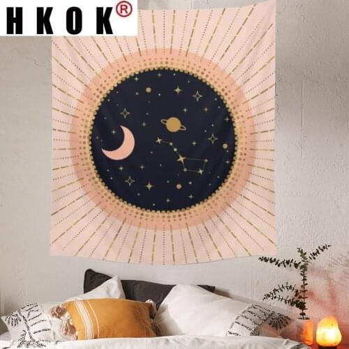 HKOK Pink Moon Sun Tarot Tapestry Wall Hanging Covering Rugs Background Cloth Beach Mat Blanket Art Bedroom Dorm Home Decor