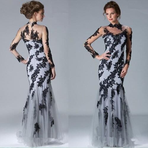 2018 new Gorgeous Gray Tulle Black Appliqued Lace Mermaid High Neck Long Sleeve Floor-length Formal Gowns bridesmaid Dresses