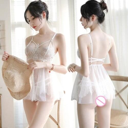 2020 New Sexy Lingerie Female Winter Water Soluble Floating Flower Eyelash Lace Perspective Temptation Sling Nightgown Sleepwear