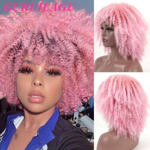 GURUILAGU Pink Wig Afro Kinky Curly Wigs for Black Women Synthetic Hair Short Natural Wigs for Women Cosplay Wig With Bangs