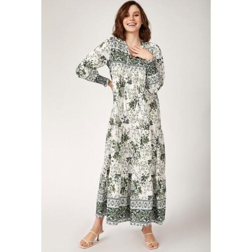 1947 sleeve Shirred Robalı Flower Pattern Dress