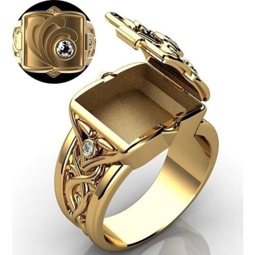 Luxury Mens Fashion Wedding Band Gold Plated Zircon Mens Vintage Ring Secret Small Room Coffin Ring Hip Hop Punk Jewelry Gifts