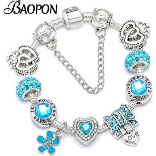 Luxury Crystal Romantic Key & Love Beads Charm Bracelets & Bangle Silver Color Bracelets For Women Jewellery Pulseira Feminina