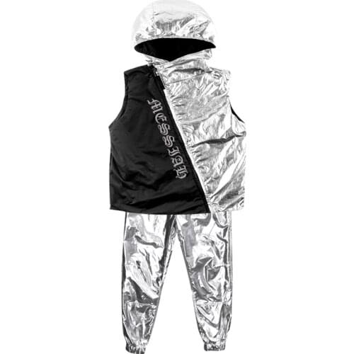 Silver GOGO Dance Costume Boys/Men Hooded Vest Cool hiphop Pants Nightclub Male DJ Costume Dancing Show Stage Clothes VDB1702