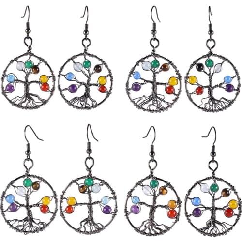 TUMBEELLUWA Chakra Stone Beads Wrap Tree of Life Dangle Earrings for Women Copper Black Plated Handmade Reiki Jewelry