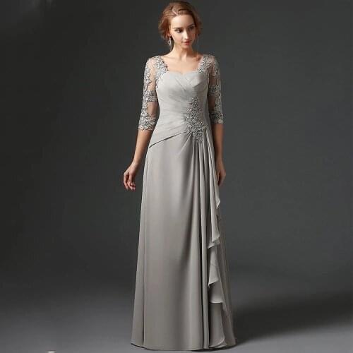 Gray Chiffon Evening Dresses Square Sweep/Brush Floor length Party Dresses Applique middle-length sleeves Contoured Party Gowns