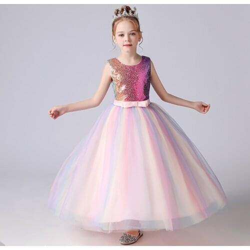 Girls Party Dresses Wedding Frock Gown Flower Stitching Cake Skirt Princess Summer Childrens Sequined Tutu Mesh Clothes