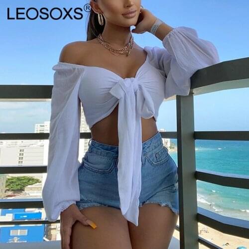 T shirts Women Sexy Tees Elegant Long Sleeve Crop Top White