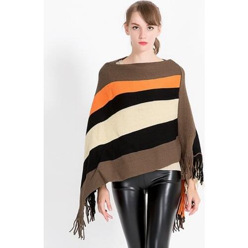 Knit Cape Women Tassels Irregular Warm Batwing Striped Pullover Poncho Cloak Jacket Coat Autumn Winter Outwear