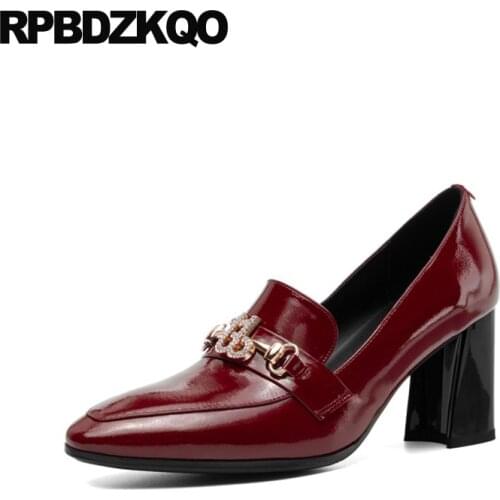 Round toe rhinestone women 3 inch patent leather pumps high heels crystal wedding shoes diamond block black wine red genuine new