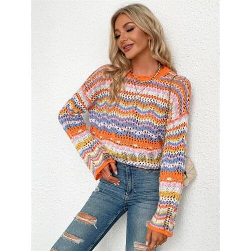 Rainbow Sweaters Women Autumn Causal Striped Female Long Sleeve Harajuku Vintage Loose Tops Punk Style