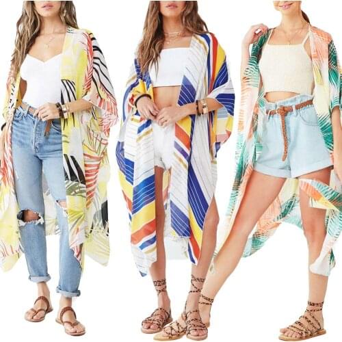 Women Chiffon Stripe Leaf Sun Protection Front Open 3/4 Sleeve Coverup Cardigan