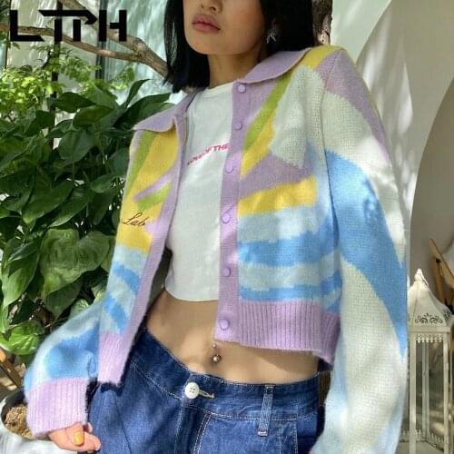 LTPH vintage painting knitted cardigan long sleeve single breasted casual loose letter embroidery women sweaters 2021 autumn new