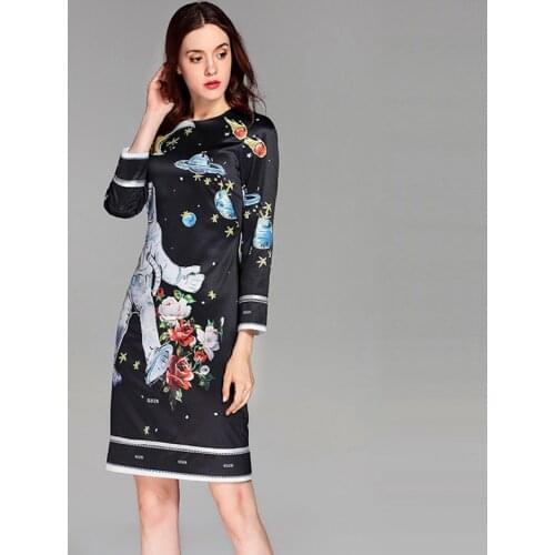 Best Quality 2018 Spring&Summer Newest O-Neck full Sleeve Spaceman Print Silm Black ELegant Above Knee A-Line Dress Women