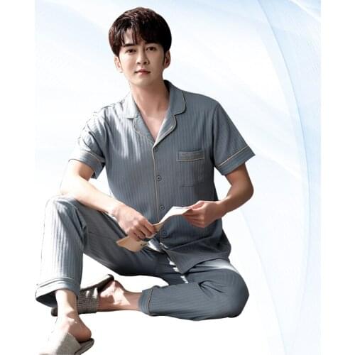 100% Cotton Mens Pajamas Sets Short Sleeve+Trousers PJs Sleepwear Large Size Loose Man Home Clothes Soft Casual Nightgown Set