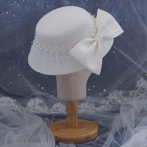 2021 French Style BIg Deep Wedding Hat White Satin Bow Pearl Rivet Fedoras Elegant Ladies Formal Cocktail Church Hat Headwear