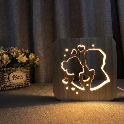 3D Wooden Sweetheart Lamp Nordic Wood Night Light Warm White Hollowed-out LED Desk Lamp USB Power Supply Table Lamp