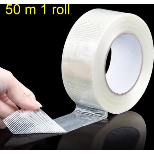 50 m 1 Roll Fiber Tape Strong High Viscosity Single Side Transparent Waterproof Striped Heavy Binding Fixed Packaging