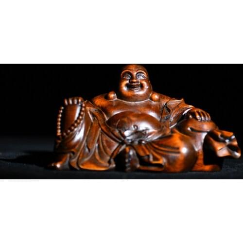 Home Decor 5" China Lucky Old Boxwood Hand-carved Maitreya take Money bag Lucky Ornaments Town House Exorcism