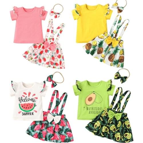 Kids Baby Girls Fashion 3-piece Outfit Set Short Sleeve Tops+Pineapple Print Suspender Skirt+Headband Set 1-5T