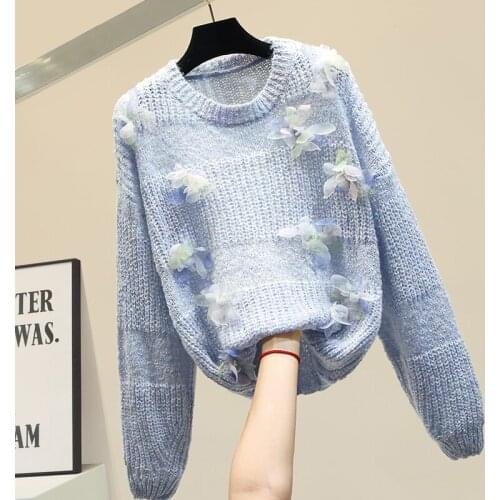 Fashion Three Dimensional Petal Thickened Sweater Girls Blue Pullover Autumn Womens Sweaters Coat Ladies Loose Knit Shirt Mujer