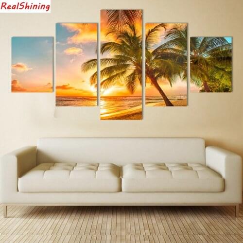 5pcs DIY Diamond Painting Seaside sunset Full Square Diamond Embroidery Mosaic Picture Of Rhinestone H1427