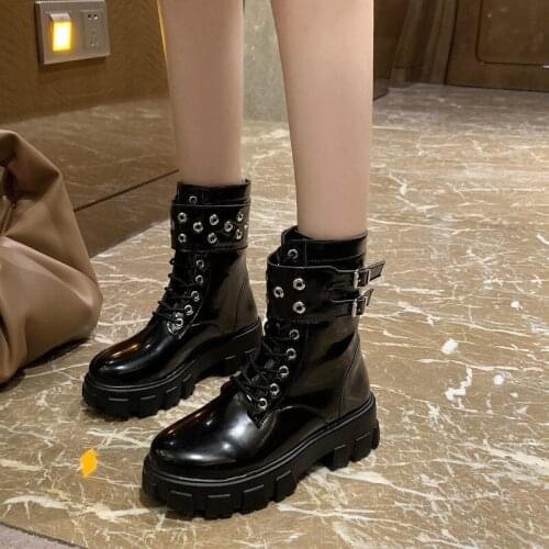 Autumn Boots Women Motorcycle Shoes Platforms Ankle Boots fashion buckles Platforms Martin boots Woman High Heels