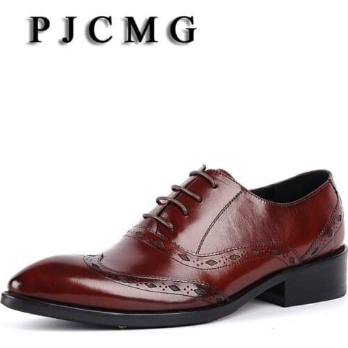 PJCMG Brand luxury Genuine Leather Men Italy Black/Red Lace-up Carved Business Moccasins Solid Dress Wedding Office Shoes