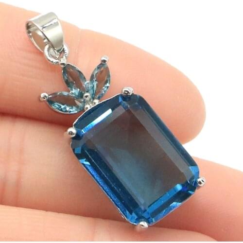 32x13mm Romantic 18x13mm Created London Blue Topaz Gift For Ladies Engagement Silver Pendant