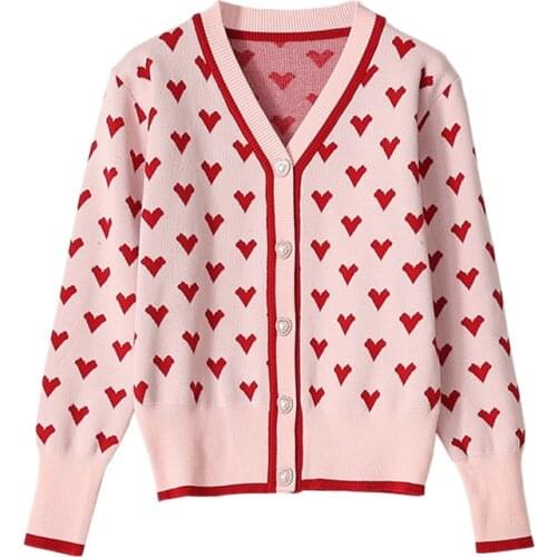 SAYTHEN 2021 High Quality New Button Design Matching Long Sleeve Pullover Sweater Womens Top Love Pink Knitted Cardigan