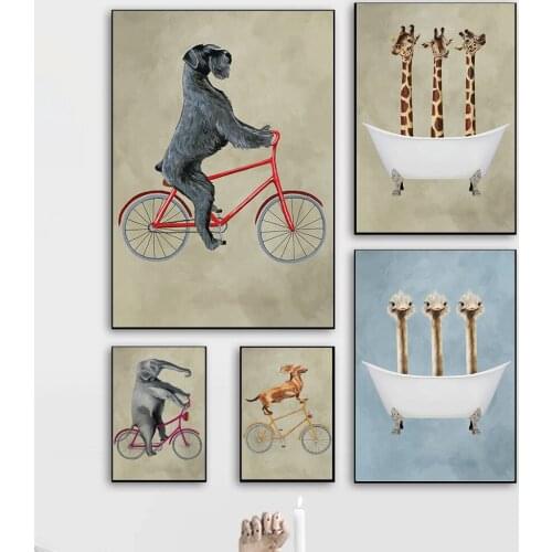 Nordic Cartoon Animal Bicycle Dog Giraffe Ostrich In Bathtub Print Canvas Painting Poster Wall Art Pictures Children Room Decor