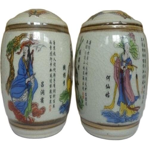 1 Pair Old Handwork Jingdezhen Porcelain Painting Eight Immortal Storage Pot