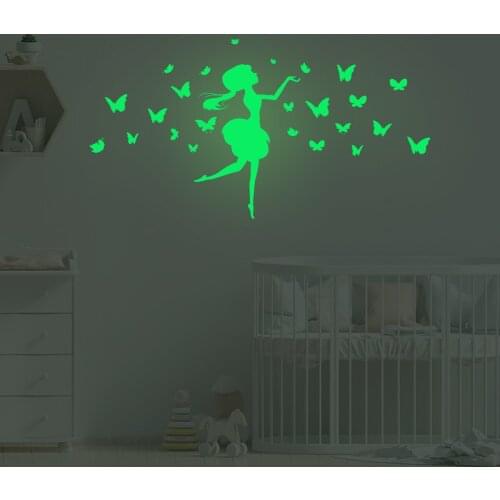 Butterfly Girl Luminous Wall Sticker Golw In The Dark Decor For Childrens Room Porch Art Wallpaper Peel & Stick PVC Wall Paster