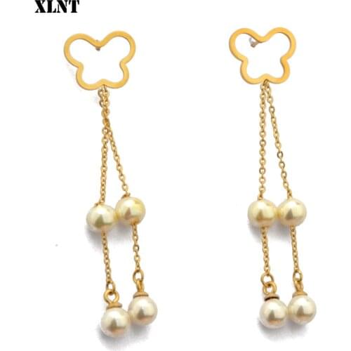 XLNT Fashion Double Tassel Pearl Drop Earrings Women Butterfly Dangle Earrings High Quality Statement Wedding Jewelry Wholesale