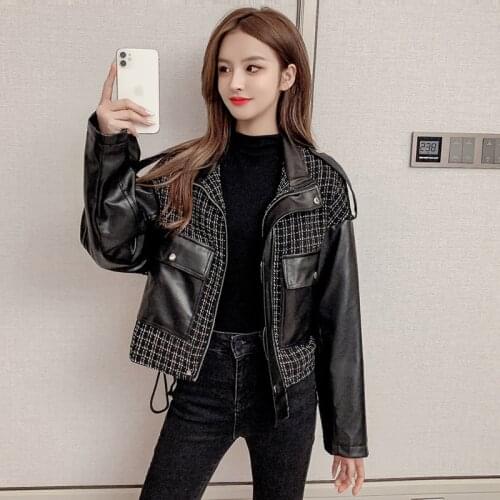 Women Faux Leather Jacket Biker Plaid Splicing Coat Turndown Collar Pu Motorcycle Jackets Loose Punk Style Outerwear Lady