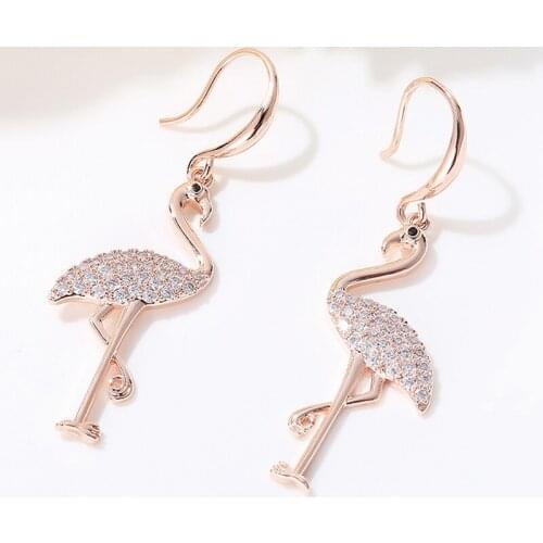 Vintage Women Accessories Cute Animal Rose Gold Cubic Zirconia Flamingo Drop Earring Charm Female Fashion Birthday Party Jewelry