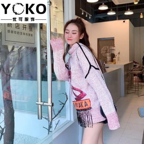 YOKO Winter Korean Cartoon Pink Leopard Sequins Long Sleeve Sweater Womens Long Loose Thick Knit Top fashion turtleneck sweater