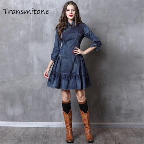 Women Denim Dress 2019 Vintage 100% Cotton Dress 3/4Sleeve Brand New A-line Elegant Mandarin Collar Vestidos Woman Dresses