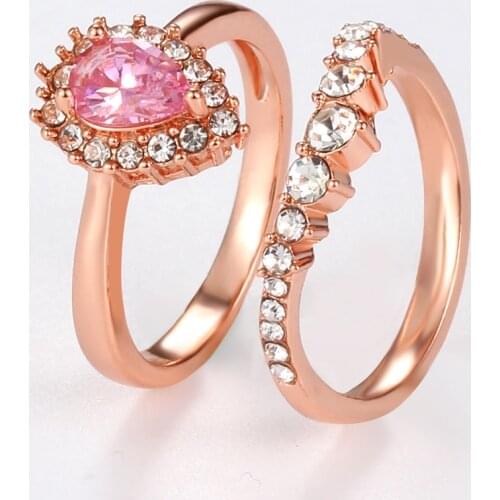 Women Ring Set Rose Gold Geometric Drop Cubic Zirconia Rings Couple Wedding Ring Set Give Girlfriend Gift Fashion Simple Jewelry