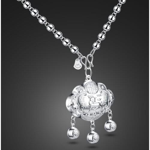 100% 925 sterling silver Choker Lock Pendant Necklace Long Bead Chain Fashion Vintage Jewelry For Women Gift