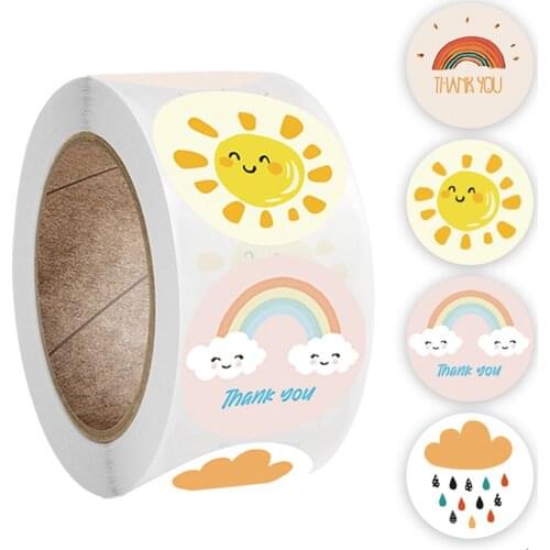 100-500 Pcs Round Cartoon Thank You Stickers Cute Sun Rainbow Clouds Sticker for Handmade Gift Decor Labels Kids Reward Stickers