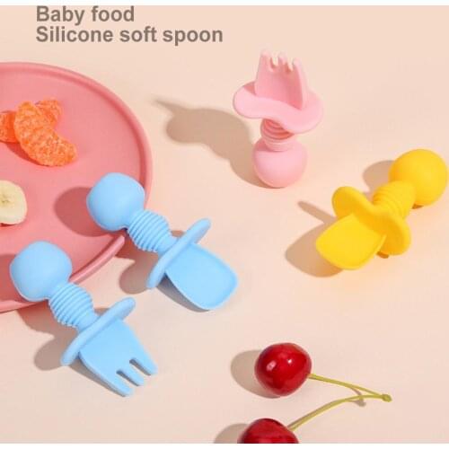 2Pcs/Set Baby Training Fork Spoon Set Infant Food Silicone Tableware Dishware
