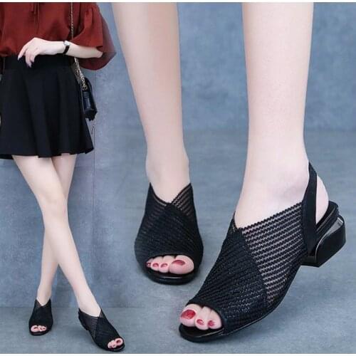 2021 Women Sandals Fashion Thick Heel Peep Toe Womens Shoes Mesh Breathable Sandals Ladies Plus Size Girls Summer Sandal