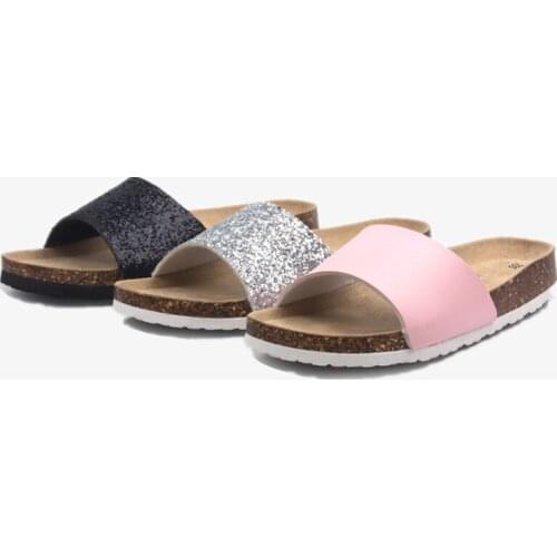COSMAGIC 2020 New Summer Bling Sequin Cork Slipper Women Casual Outside Beach Solid Color Flip Flops Slides Shoe