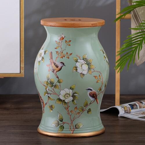 Hot European Drum Ceramic Stool with wooden lid StorageOttomans Makeup Stools European Shoe Bench Chinese Zither Stools 28*48cm