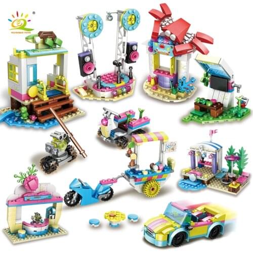 HUIQIBAO 819PCS City Girls Party Beach Vehicle Building Blocks Friend Seaside Holiday Seafood Restaurant Bricks Toys Children