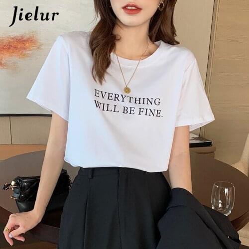 Jielur Summer 2021 New Korean T-shirt Short Sleeve Cotton Black T-shirt Women Loose Letter Print Tees shirt Tops Clothing S-XL